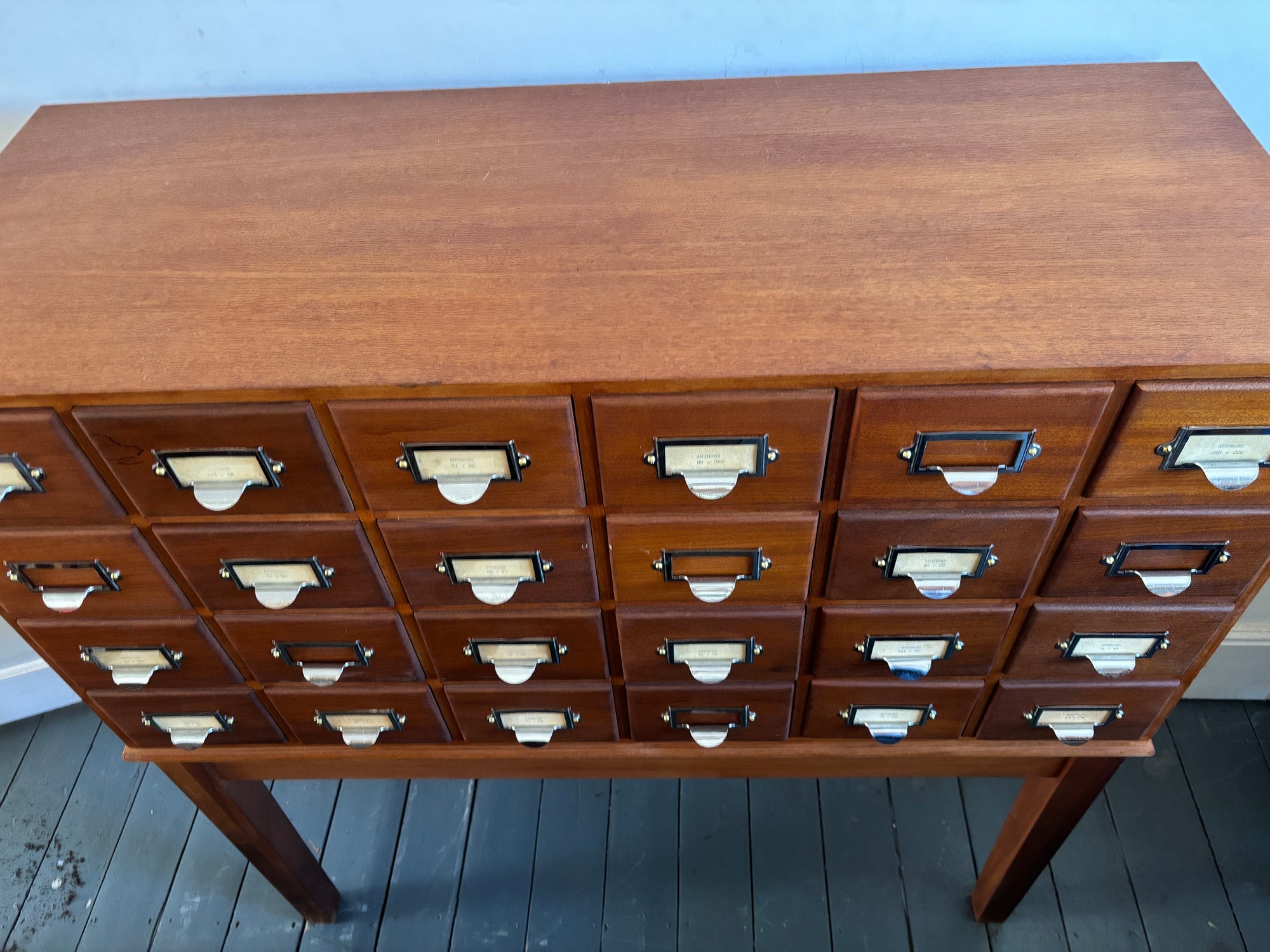 Mid century bank of library card drawers