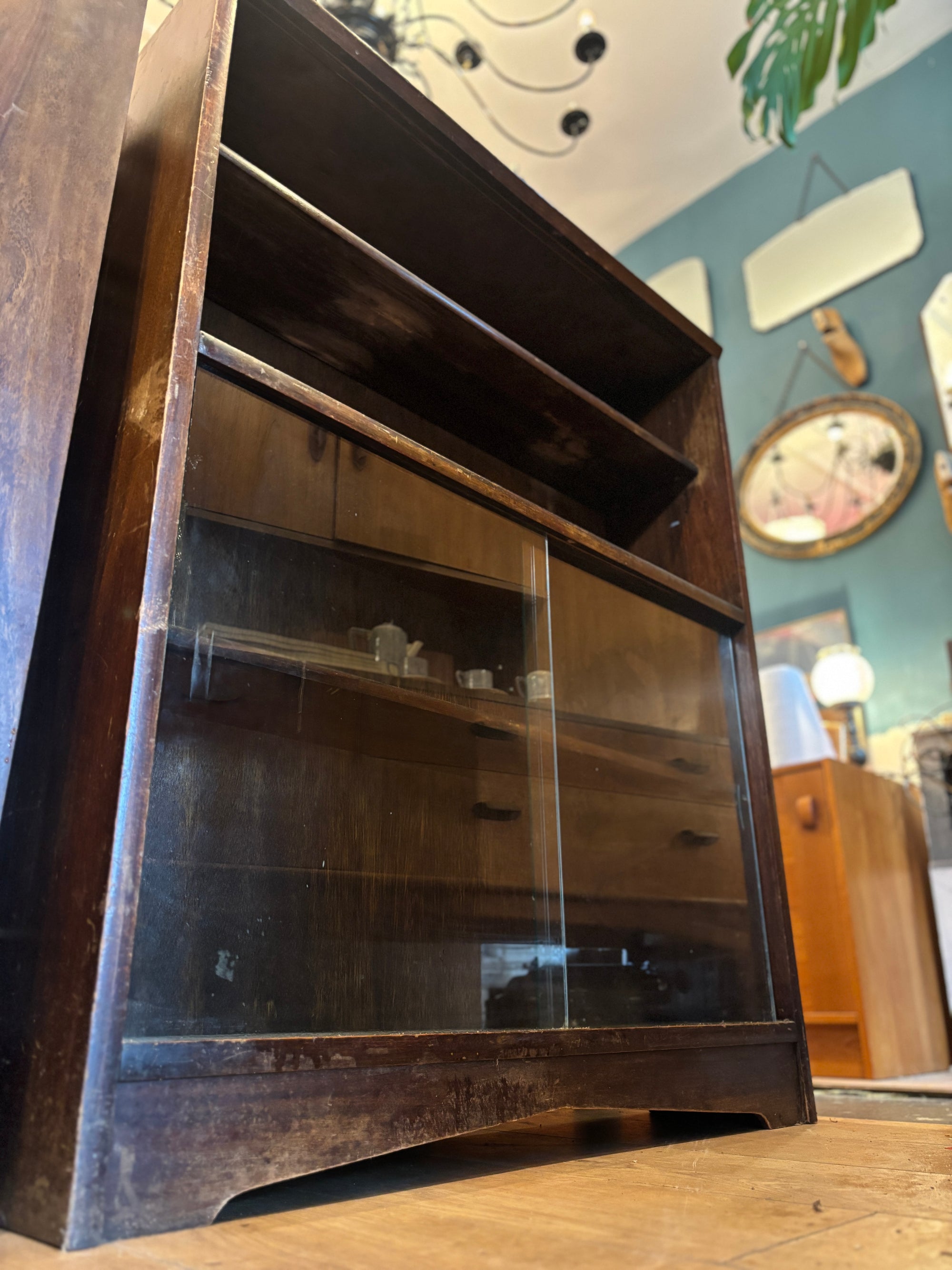Antique Victorian oak bookcase with sliding glass doors