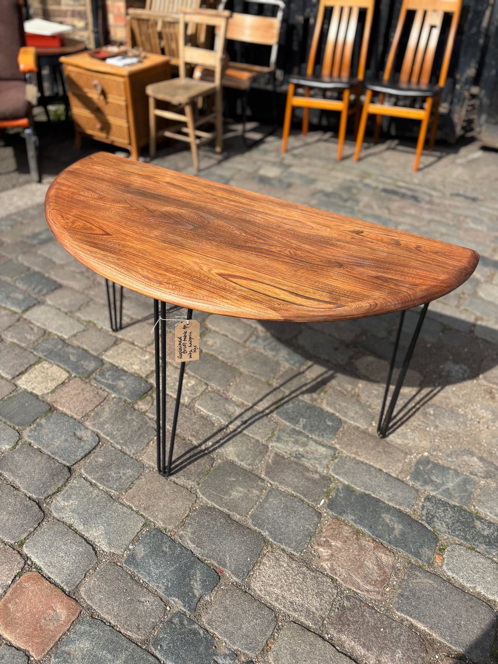 Console table made from reclaimed Ercol table with hairpin legs