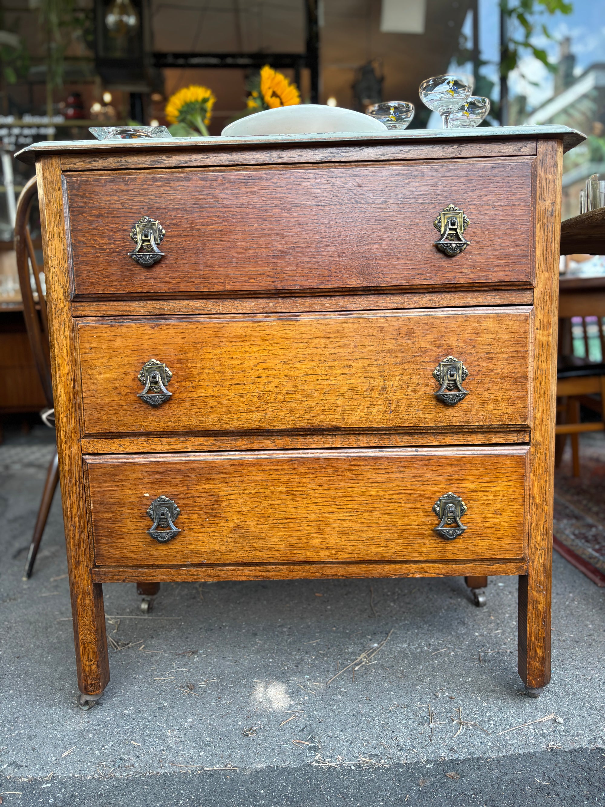 Antique Victorian oak set of drawers on casters
