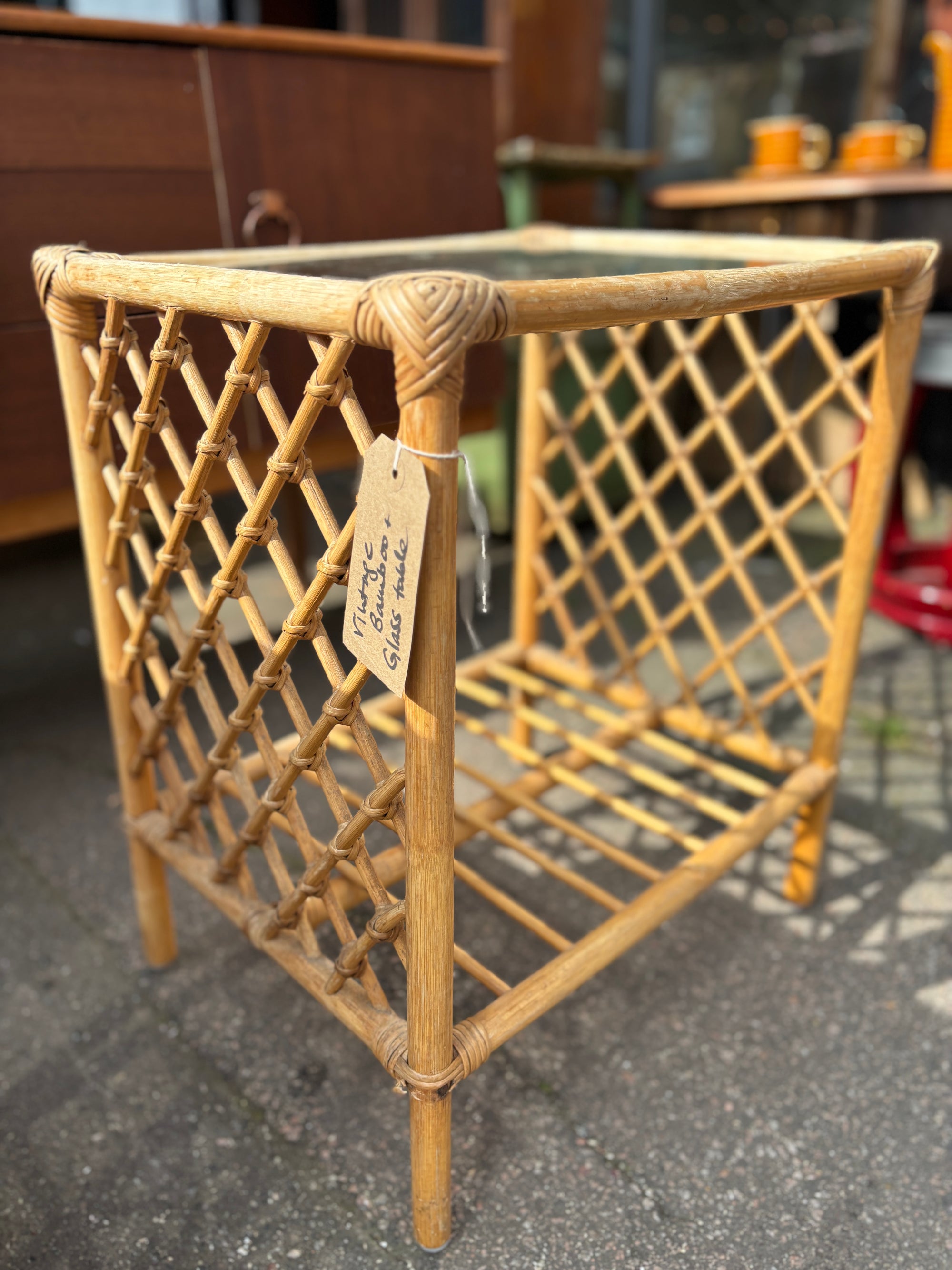 Vintage bamboo and glass side table