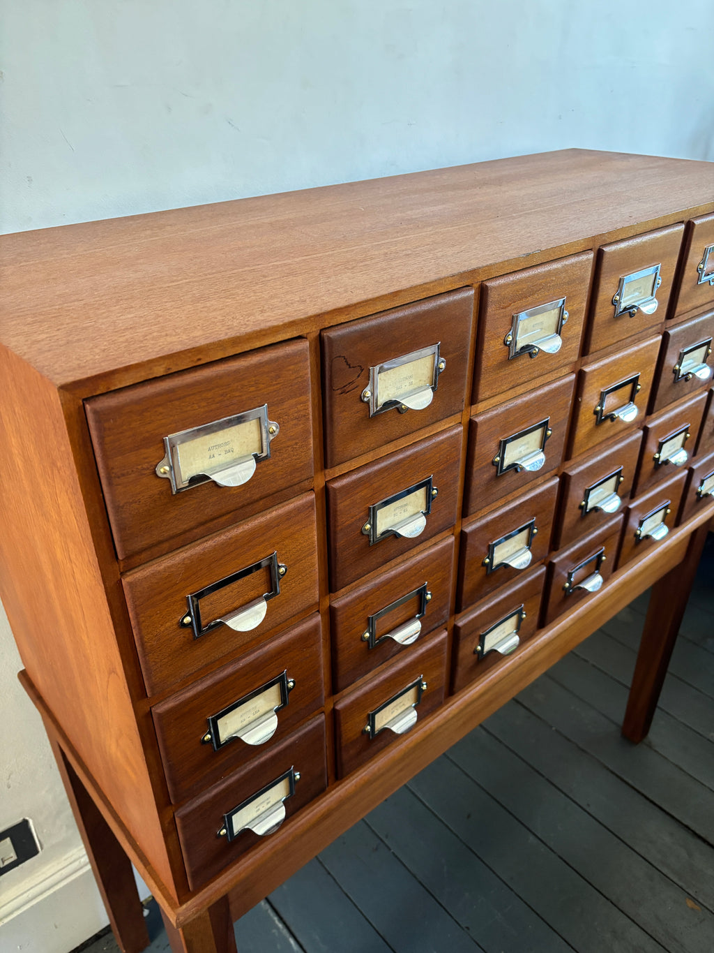 Mid century bank of library card drawers