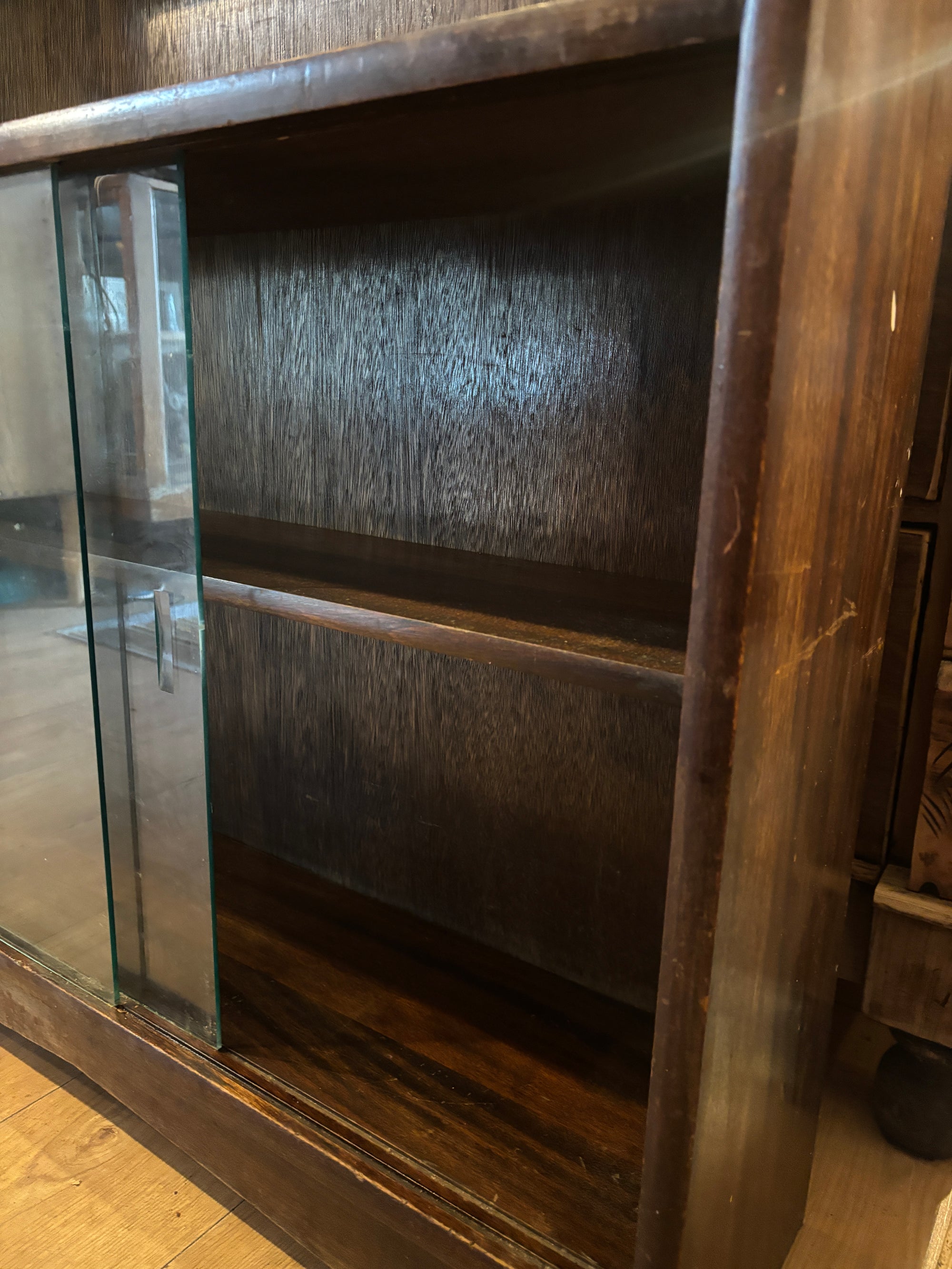 Antique Victorian oak bookcase with sliding glass doors