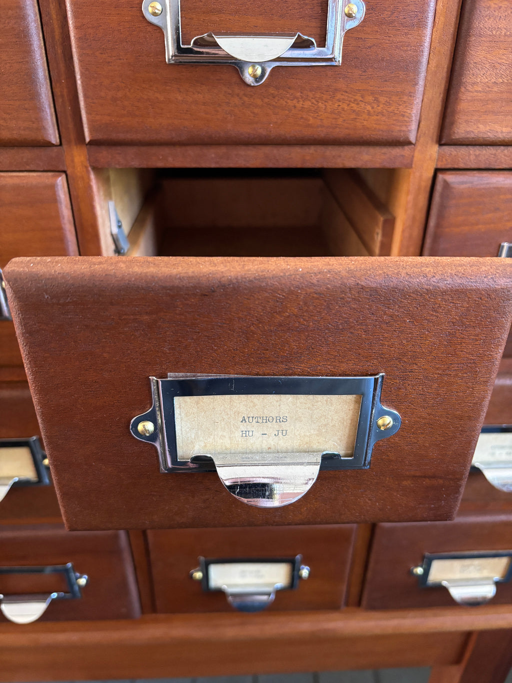 Mid century bank of library card drawers