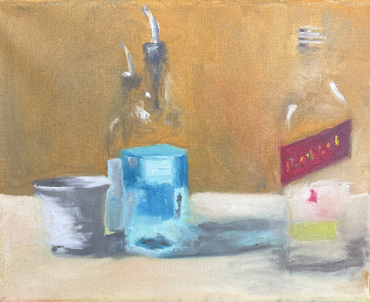 Still life painting with bottles and a glass on a textured surface