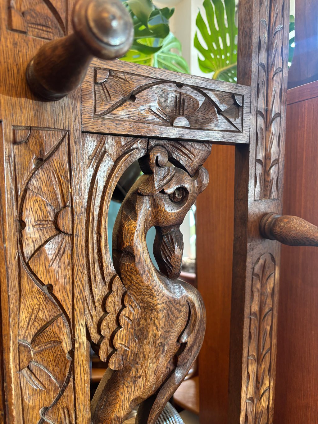Antique carved wooden hall tree