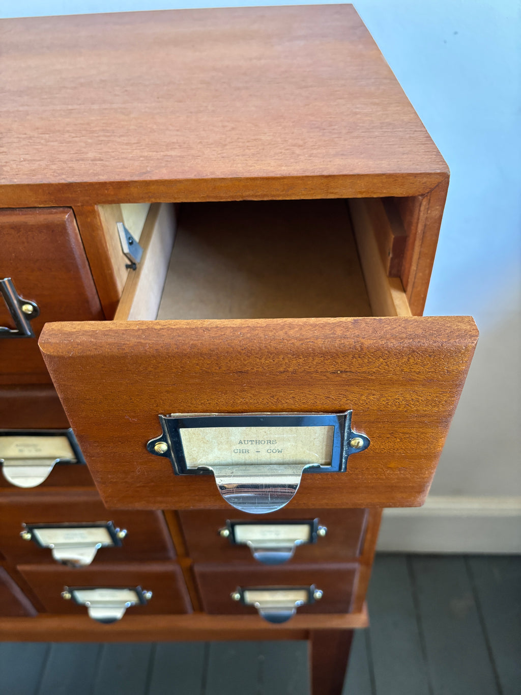 Mid century bank of library card drawers