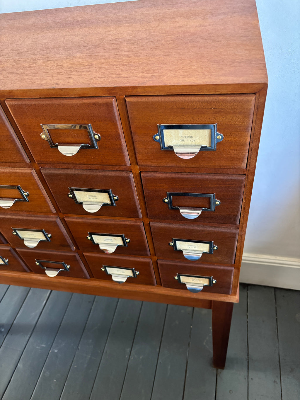 Mid century bank of library card drawers