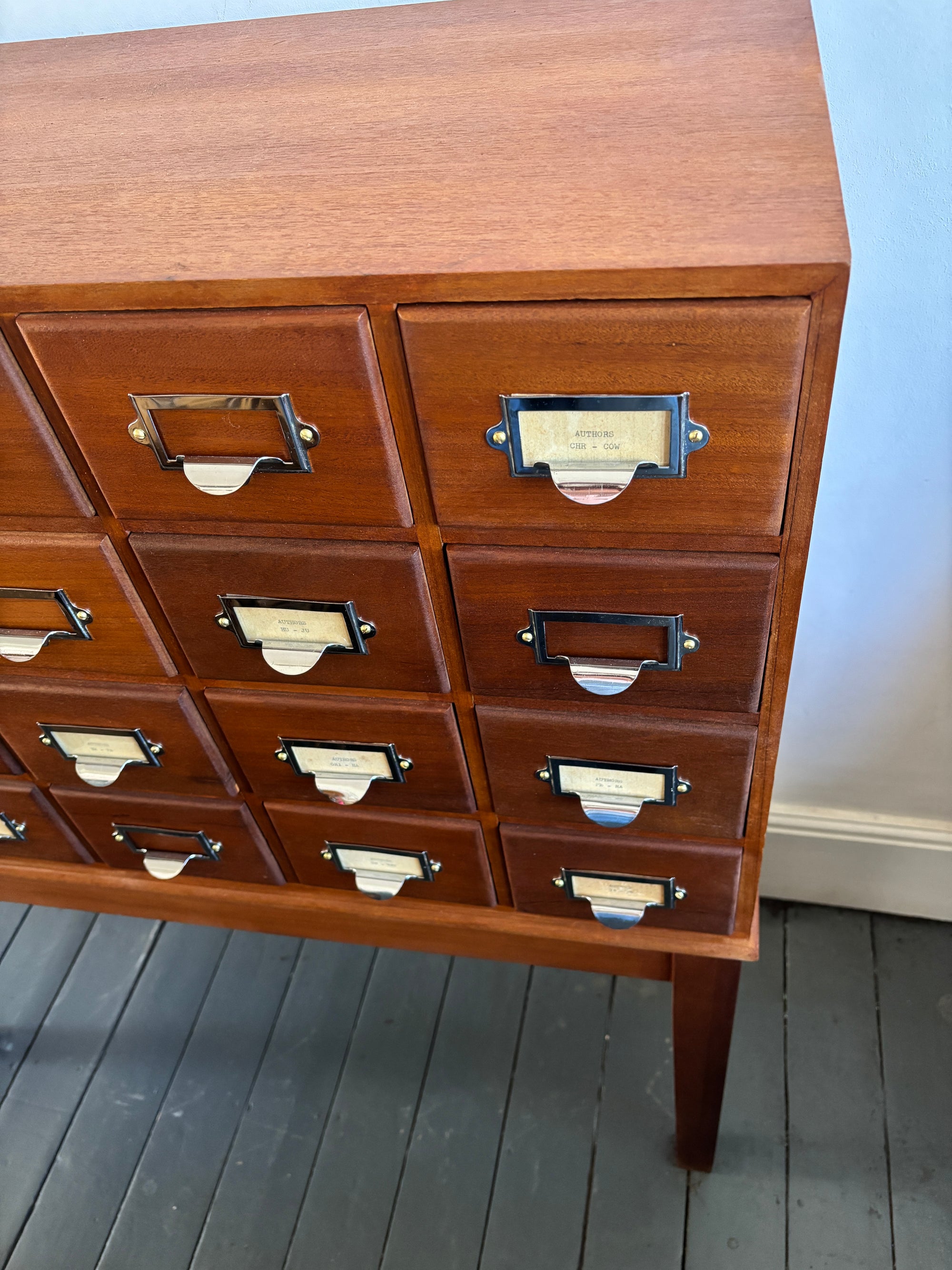 Mid century bank of library card drawers