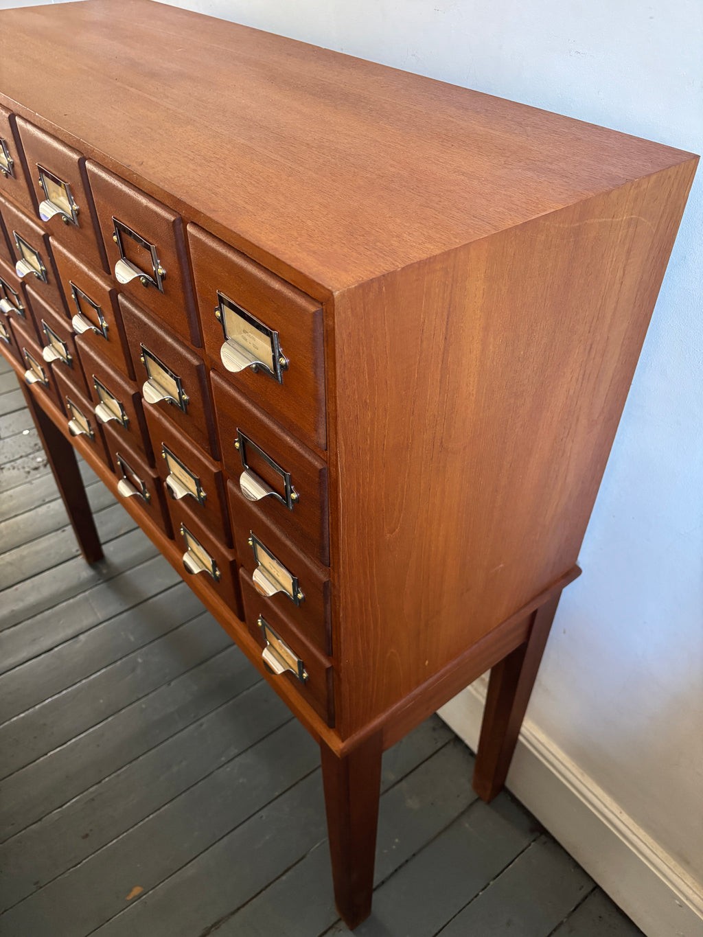 Mid century bank of library card drawers