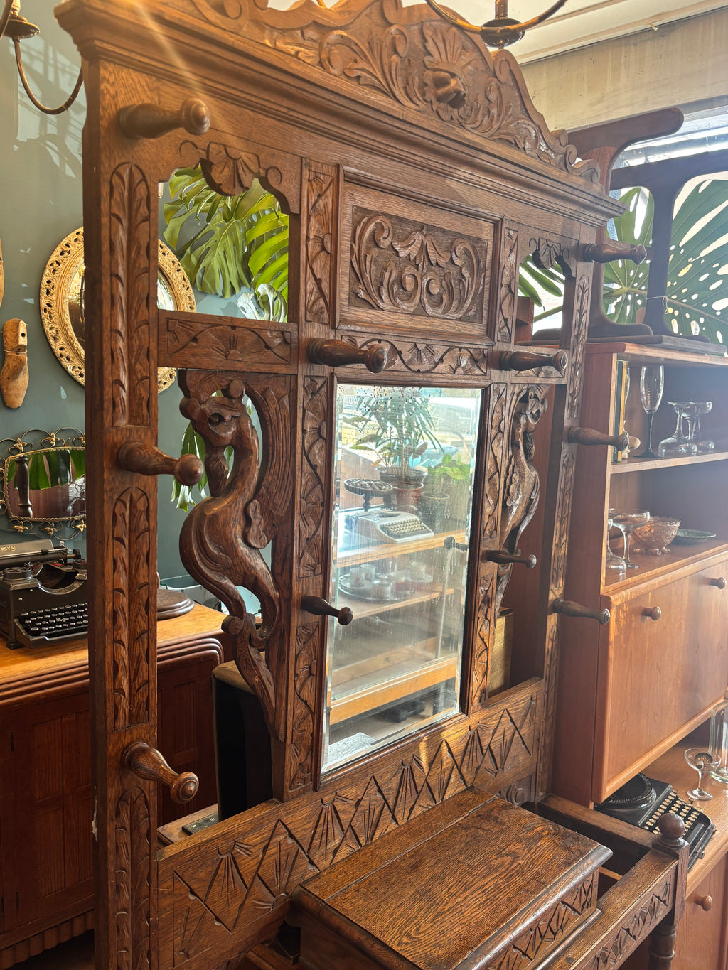 Antique carved wooden hall tree