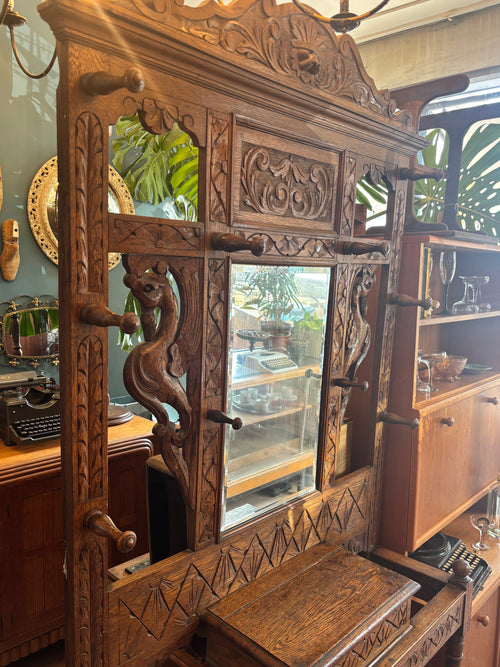 Antique carved wooden hall tree