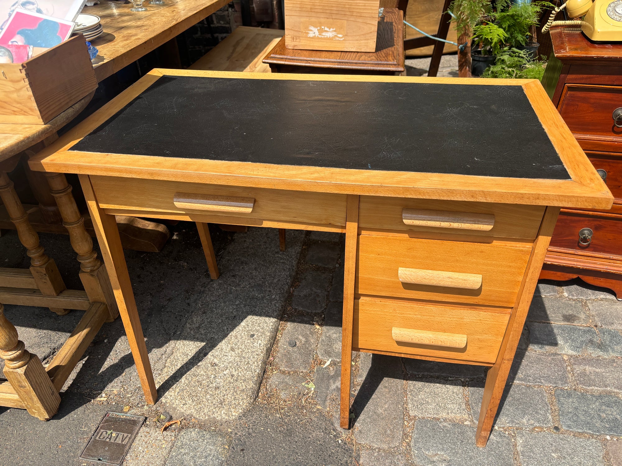Vintage 1960s Danish-design beech desk with black vinyl top