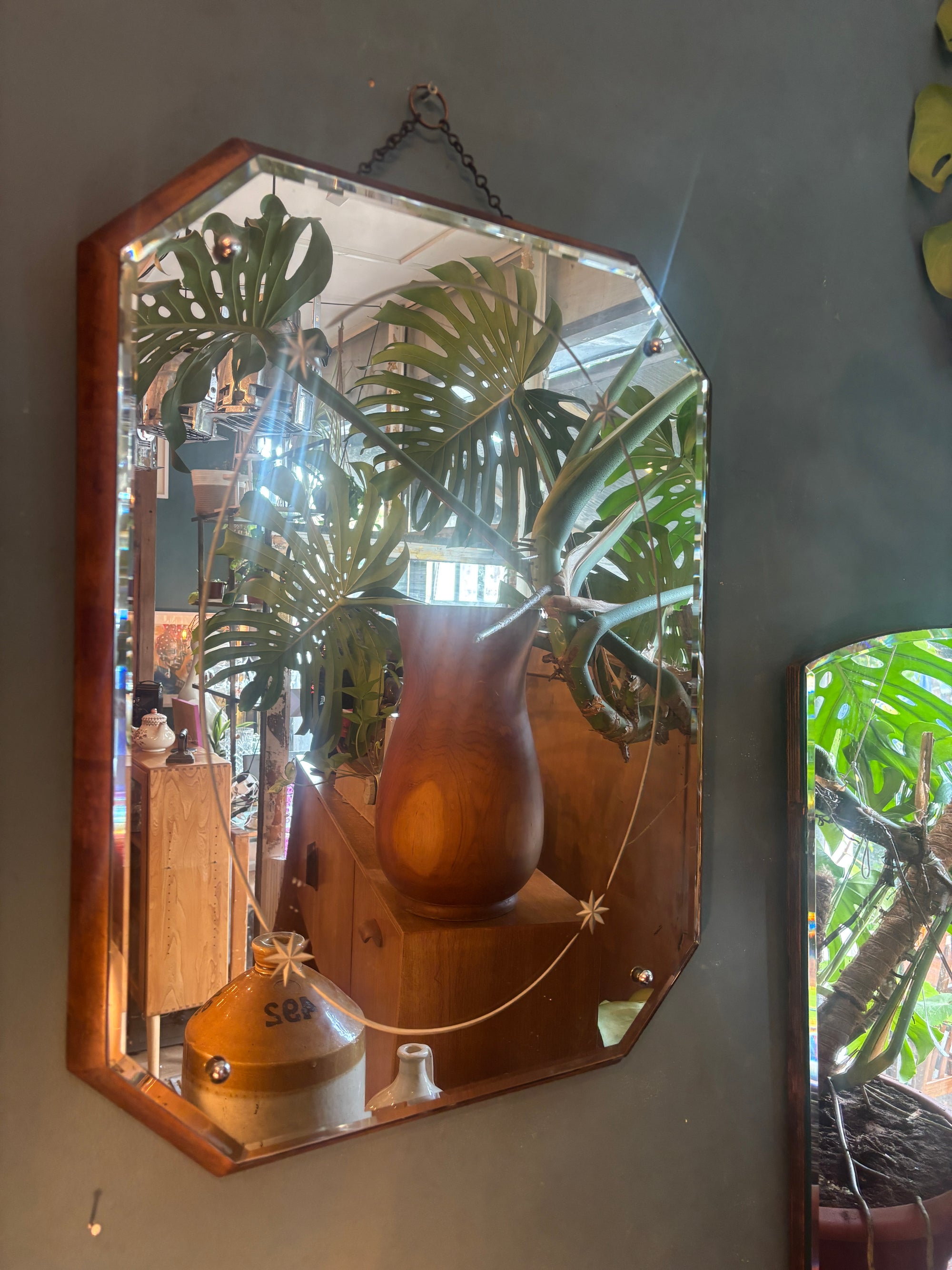 Mid century cut glass mirror on wooden base