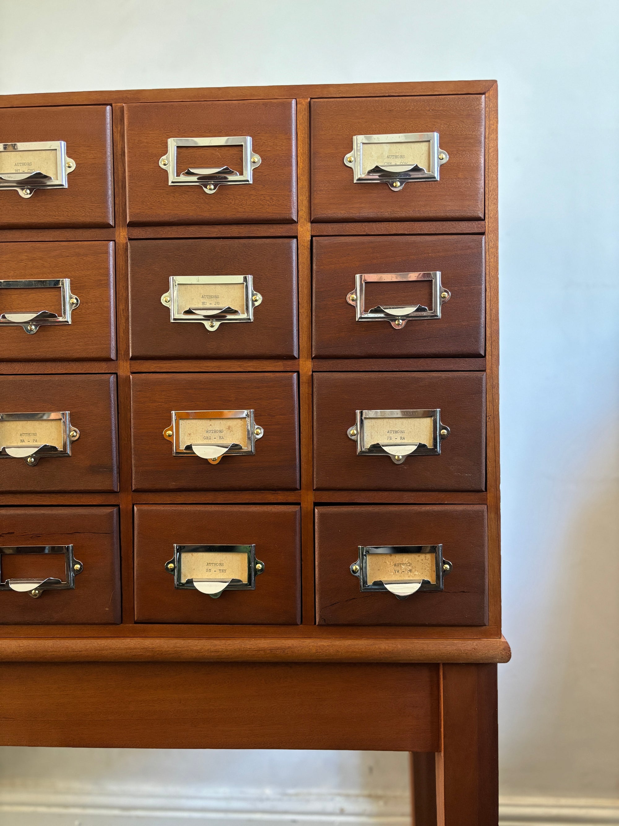 Mid century bank of library card drawers