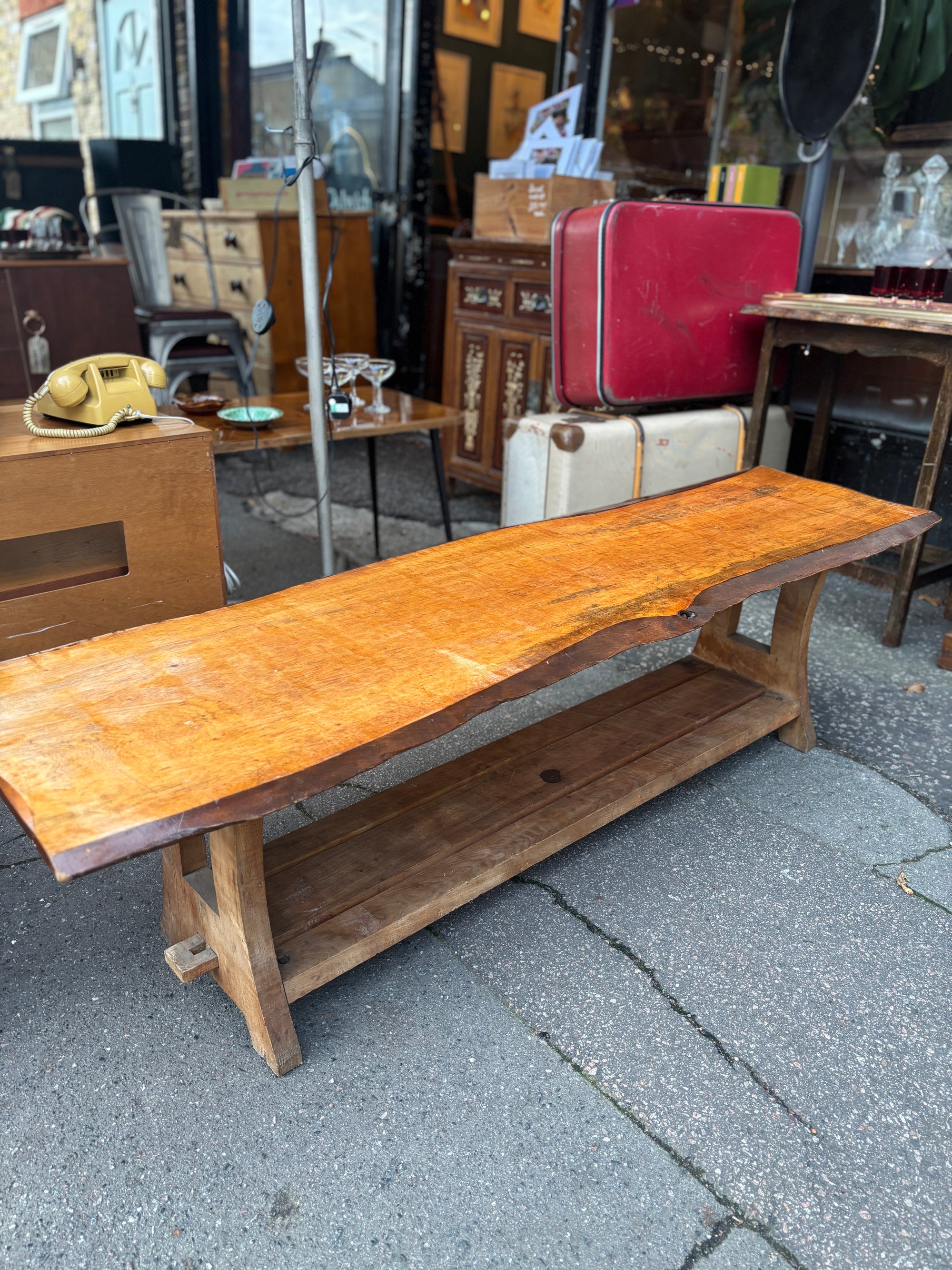Vintage live edge wooden plank bench