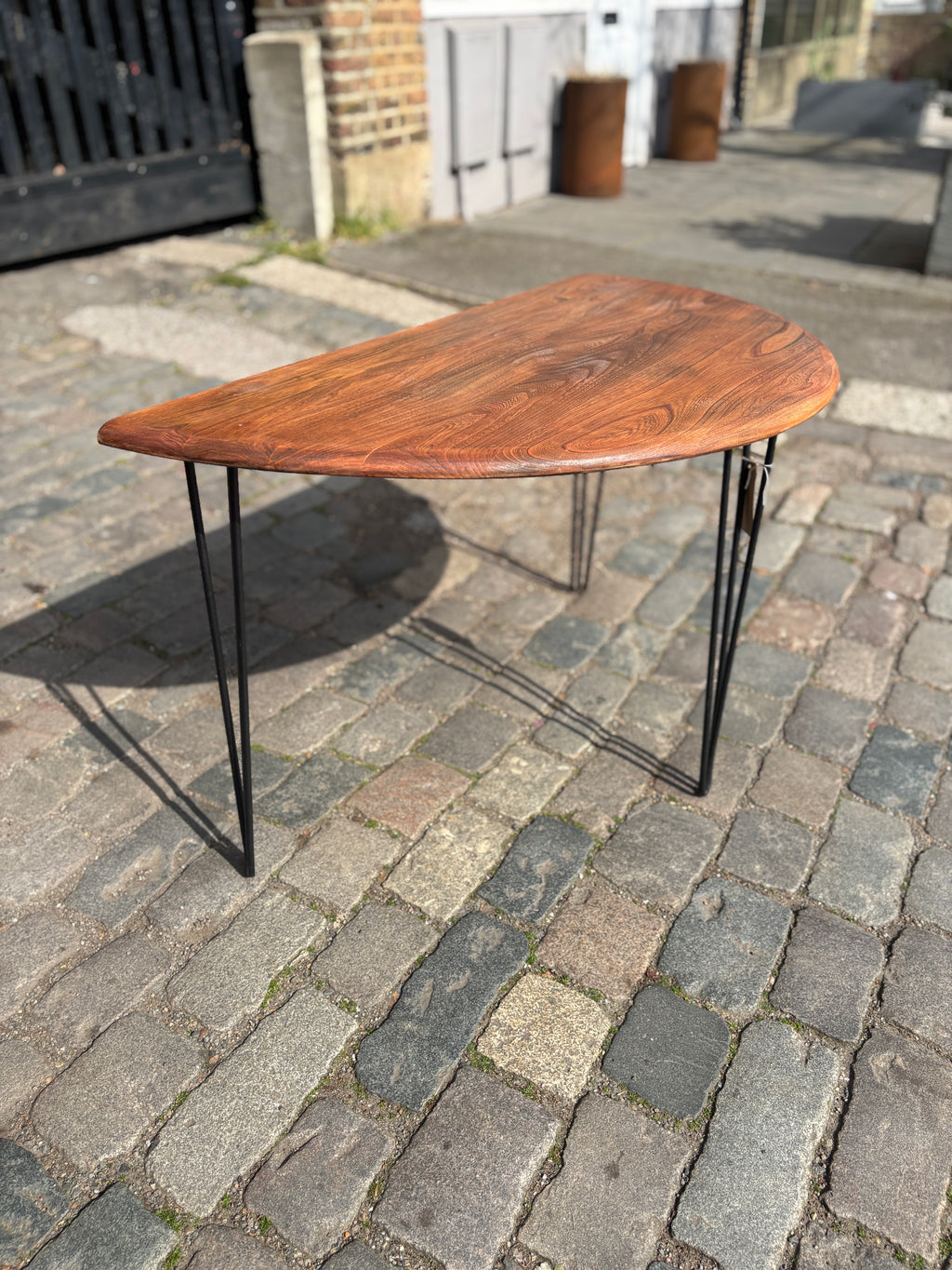 Console table made from reclaimed Ercol table with hairpin legs