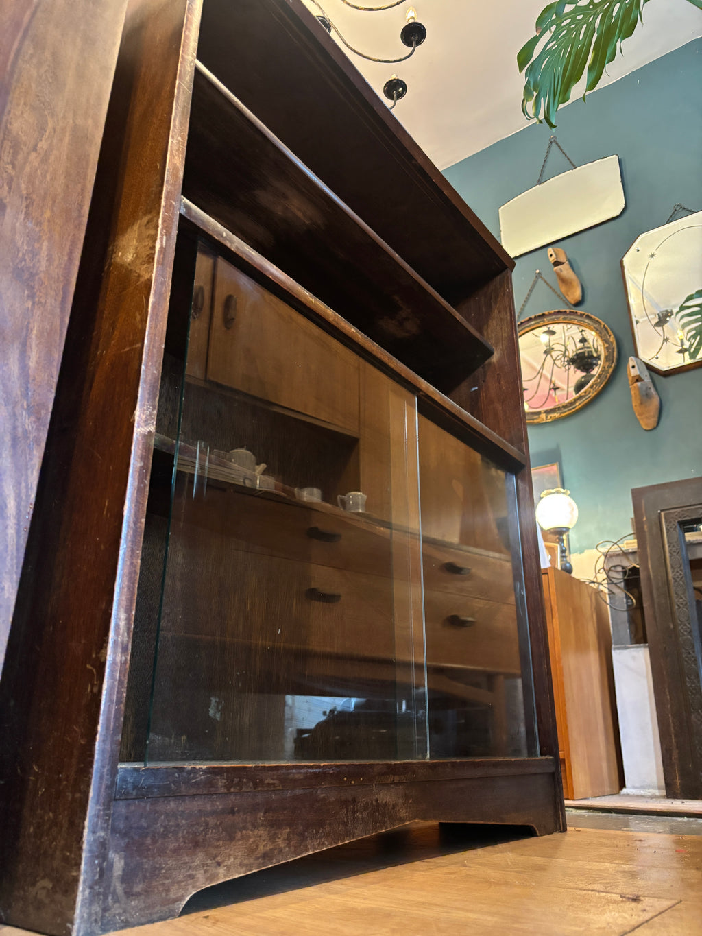 Antique Victorian oak bookcase with sliding glass doors