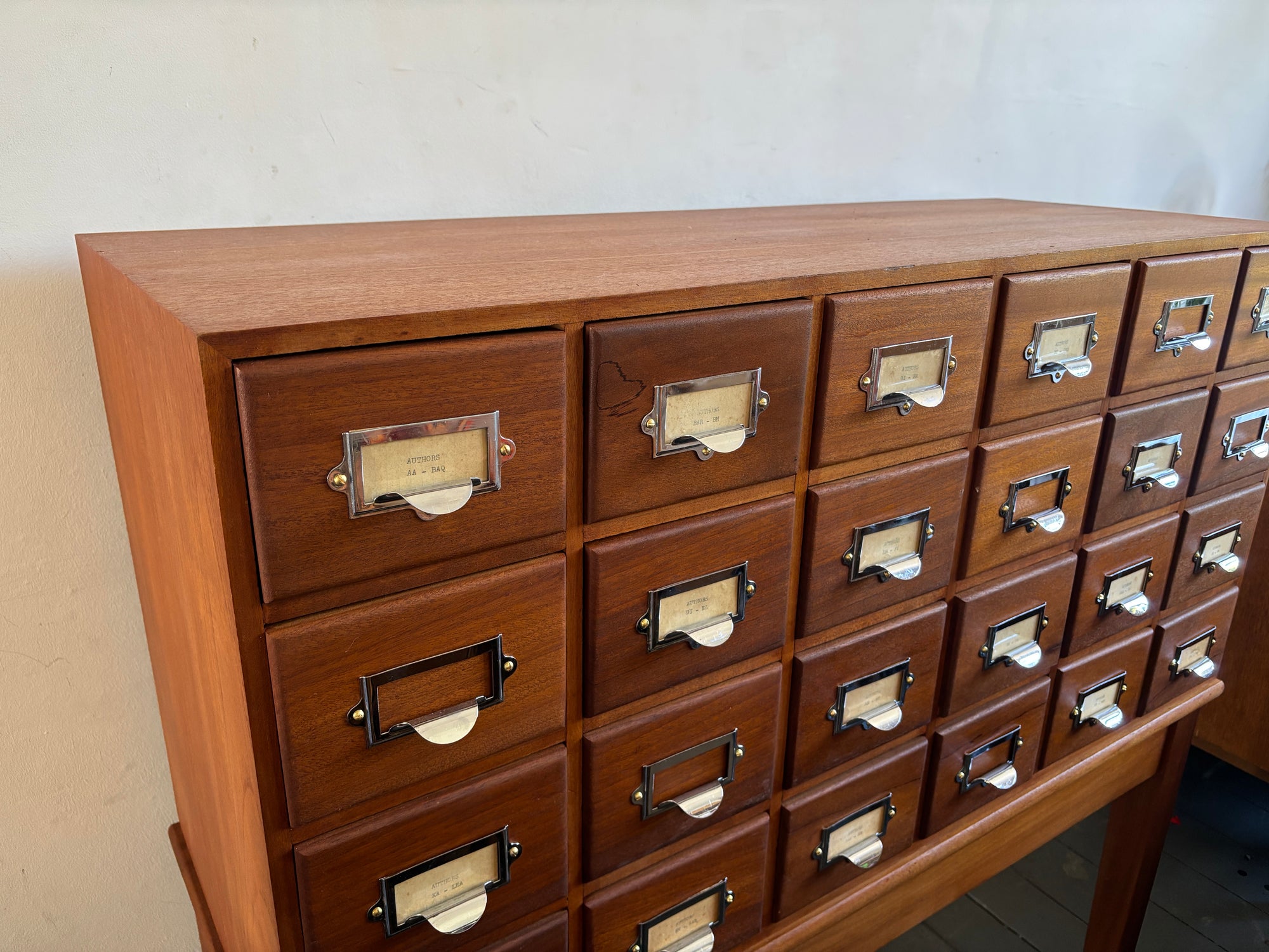 Mid century bank of library card drawers