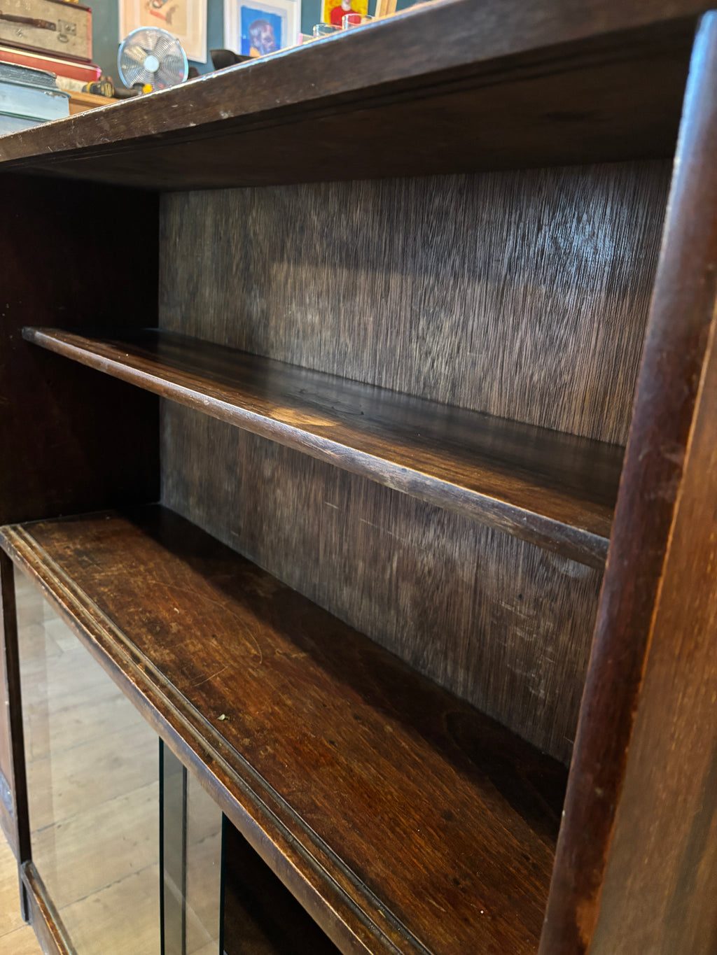 Antique Victorian oak bookcase with sliding glass doors