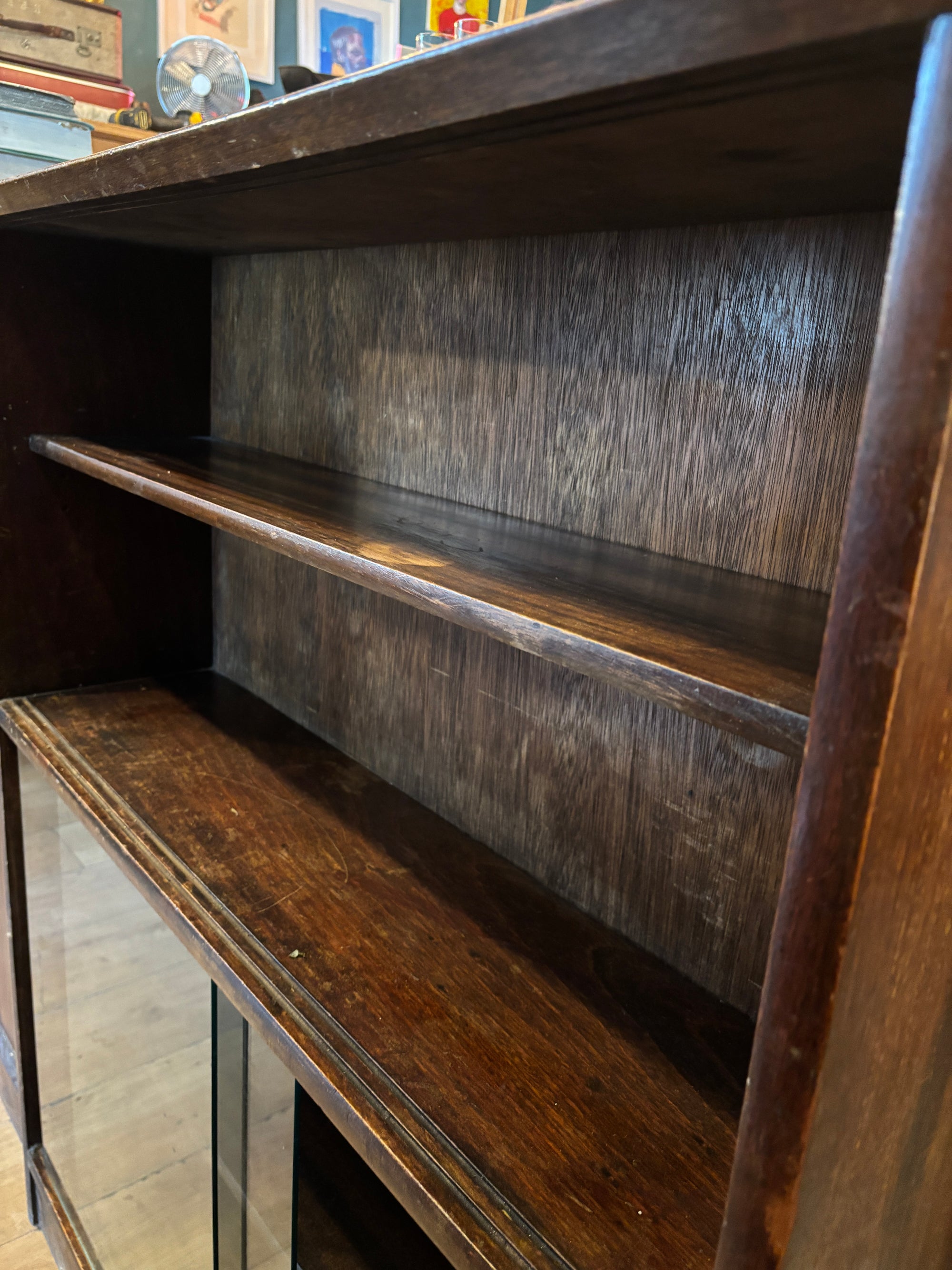 Antique Victorian oak bookcase with sliding glass doors