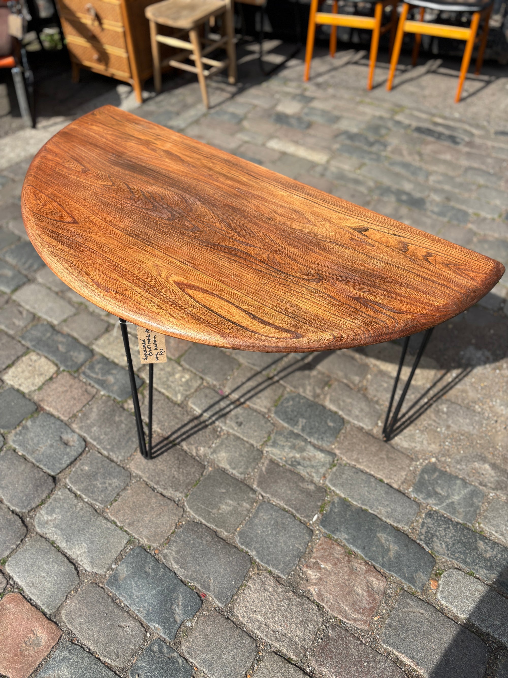Console table made from reclaimed Ercol table with hairpin legs