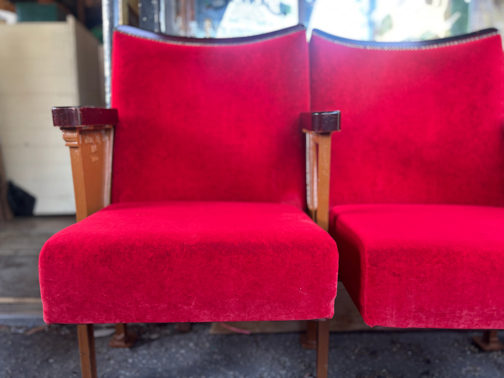 Art Deco red velvet and cast iron theatre chairs