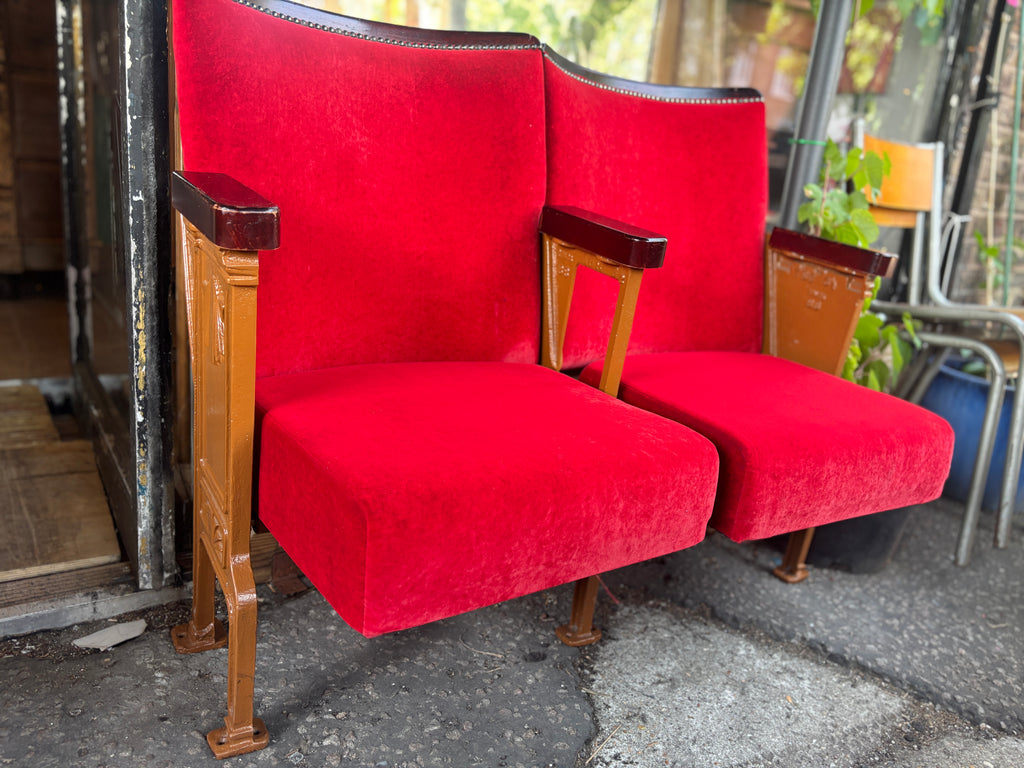 Art Deco red velvet and cast iron theatre chairs