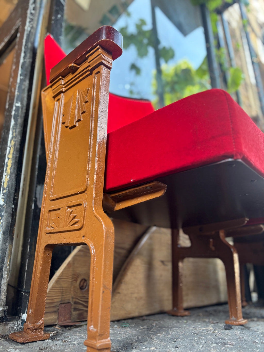 Art Deco red velvet and cast iron theatre chairs