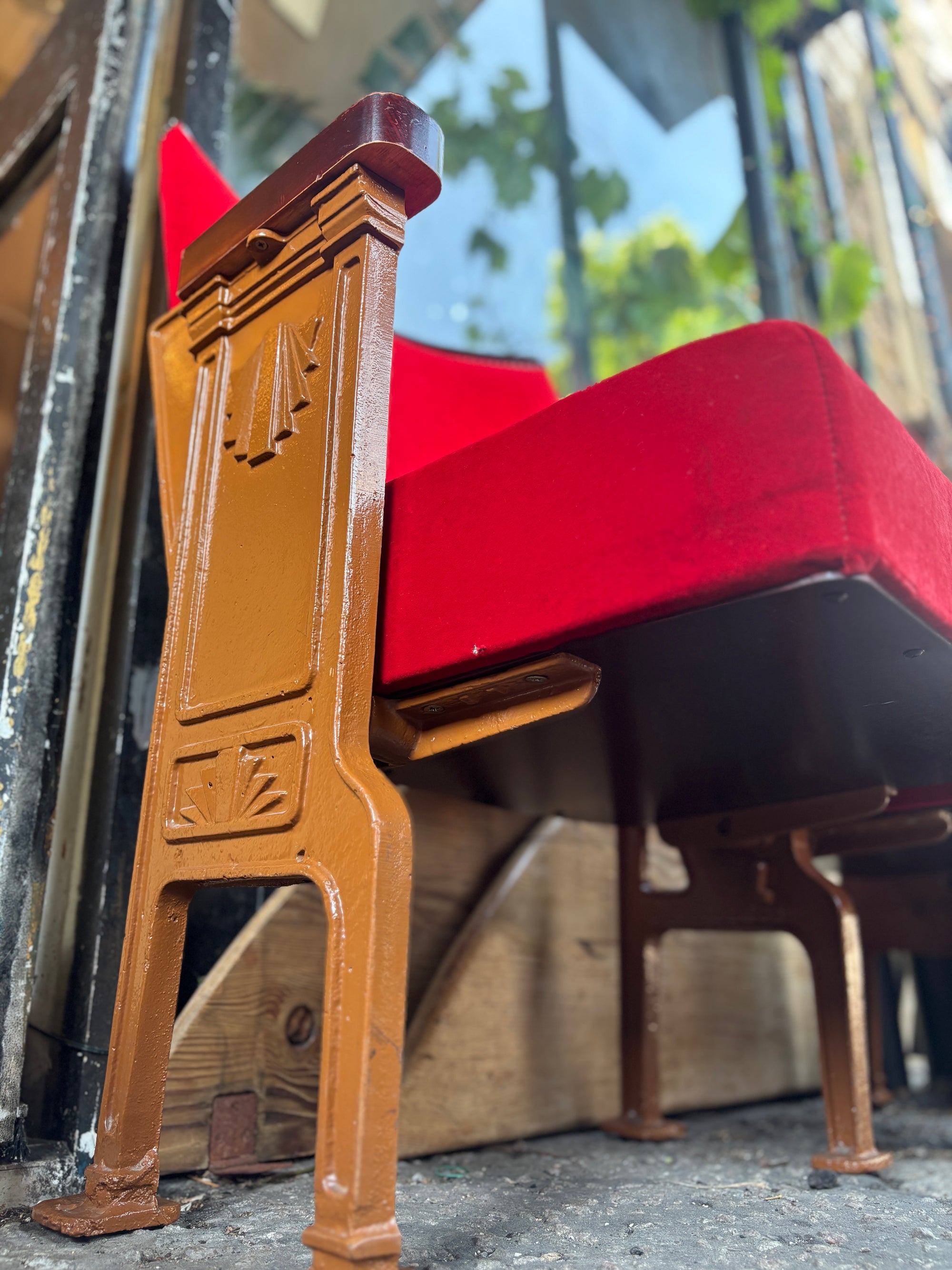 Art Deco red velvet and cast iron theatre chairs
