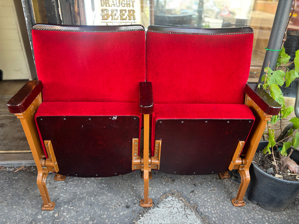 Art Deco red velvet and cast iron theatre chairs