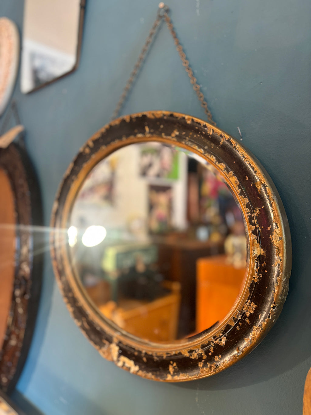 Victorian distressed oval mirror on chain