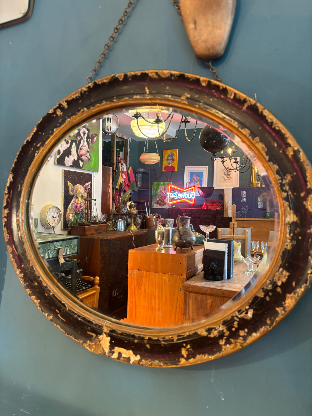 Victorian distressed oval mirror on chain