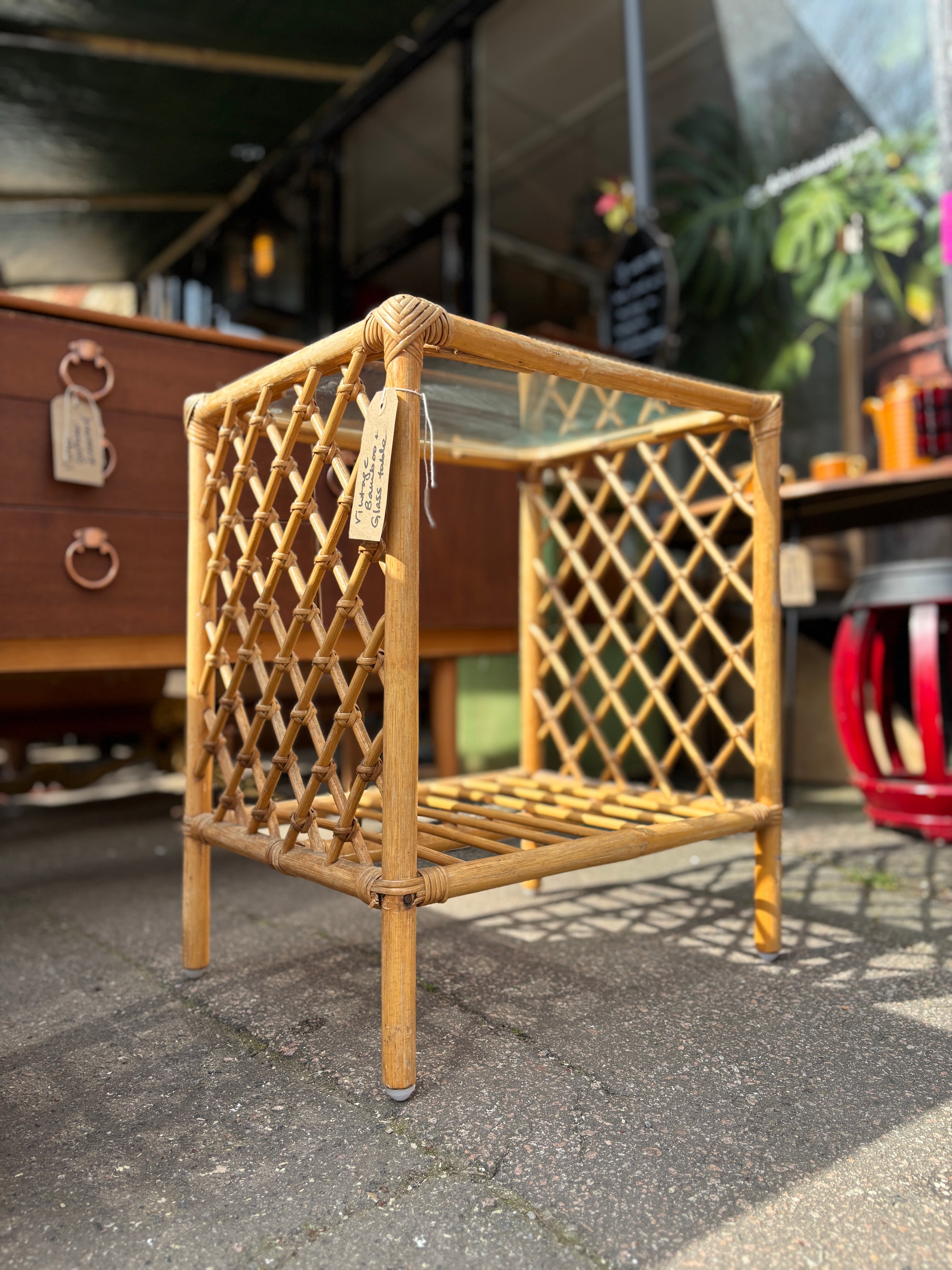 Vintage bamboo and glass side table