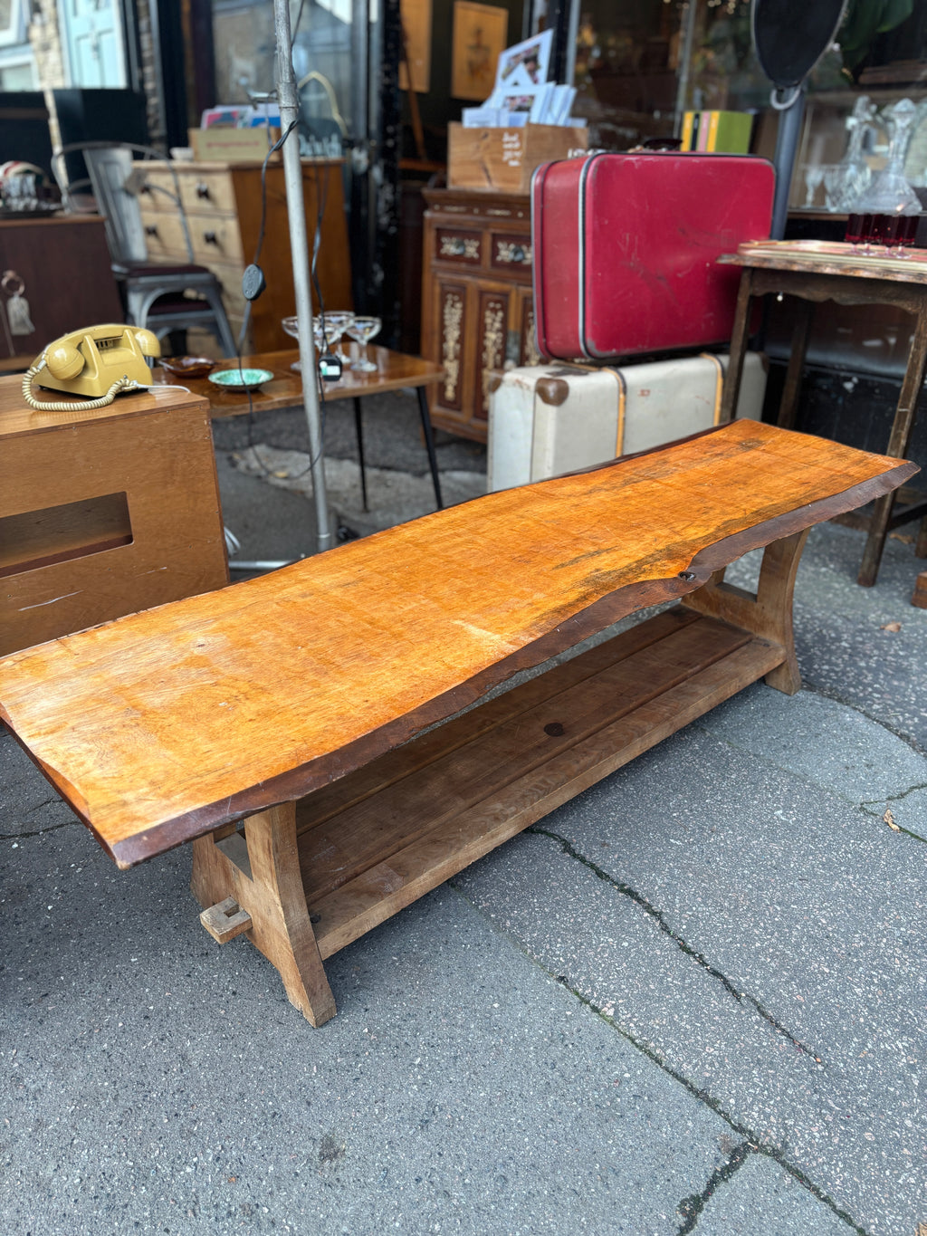 Vintage live edge wooden plank bench