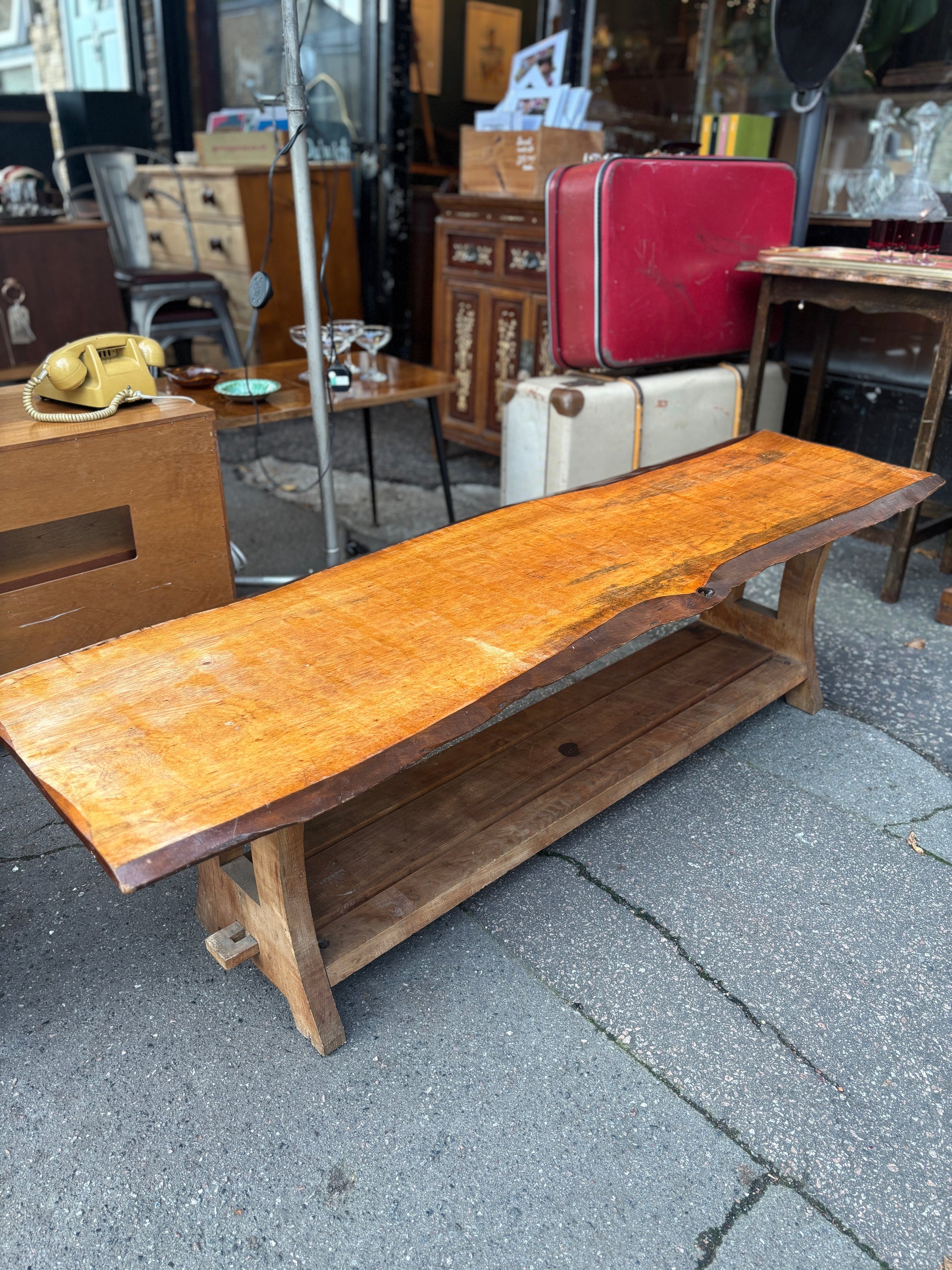 Vintage live edge wooden plank bench