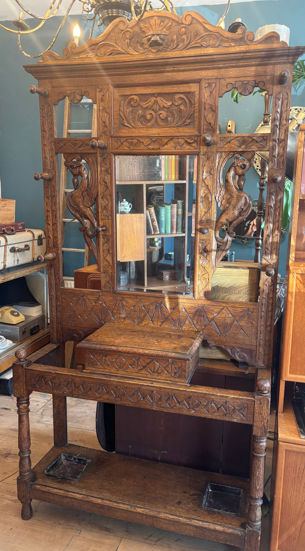 Antique carved wooden hall tree