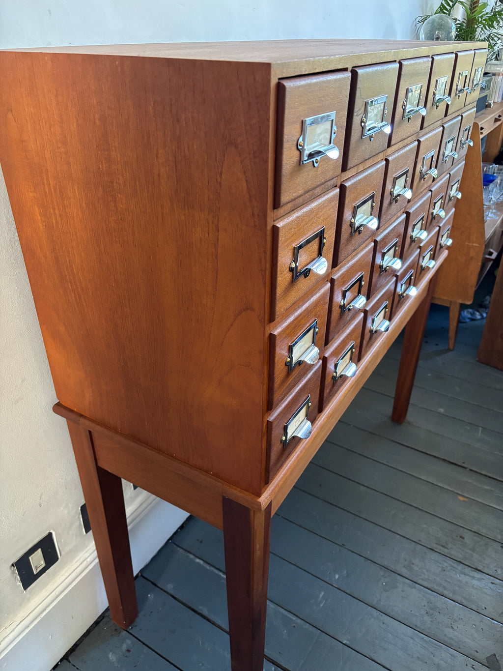 Mid century bank of library card drawers