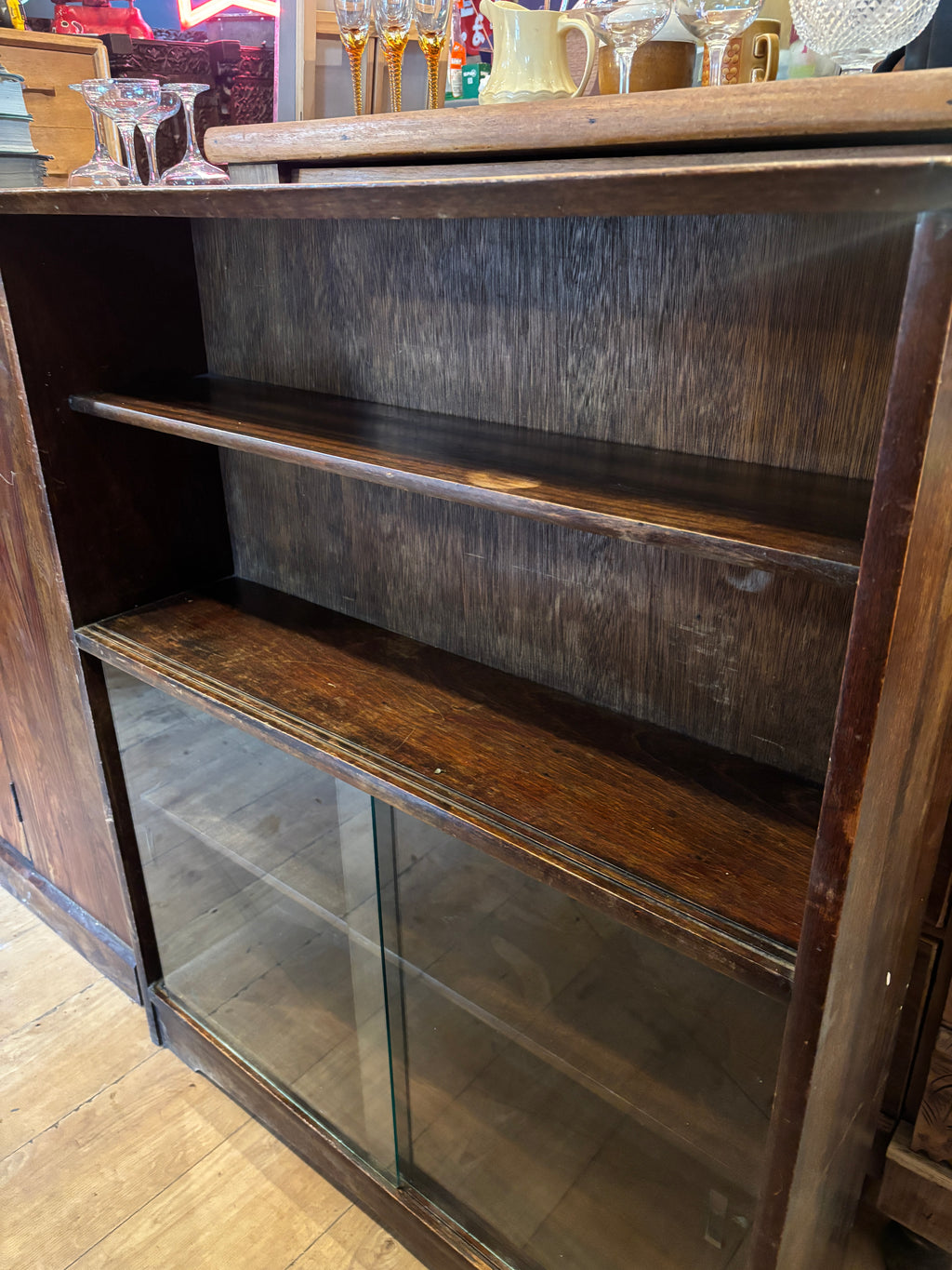 Antique Victorian oak bookcase with sliding glass doors