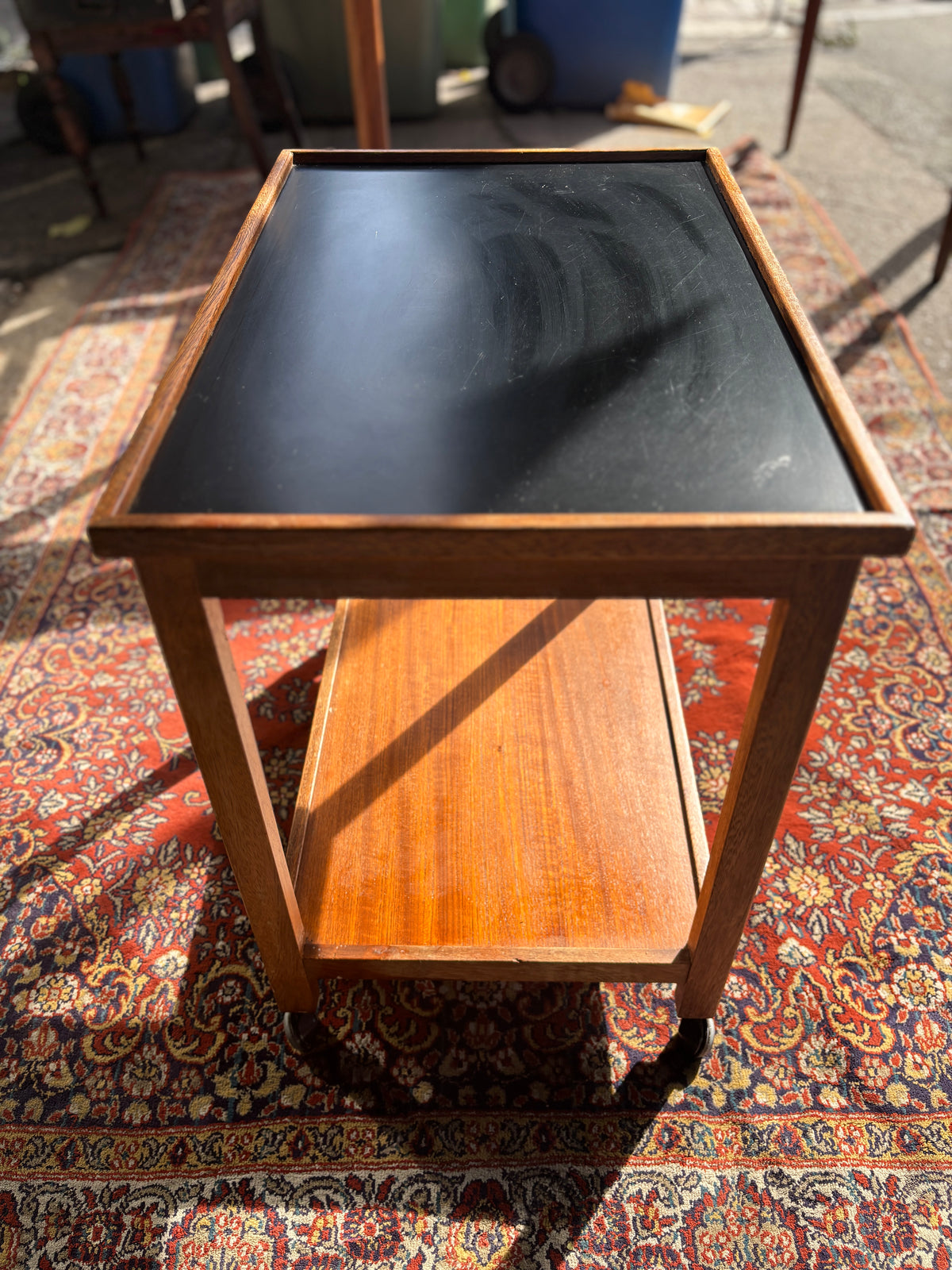 Mid century teak and Formica drinks trolley