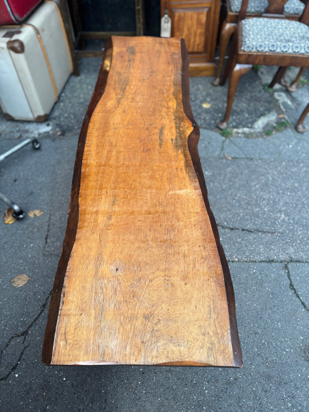 Vintage live edge wooden plank bench