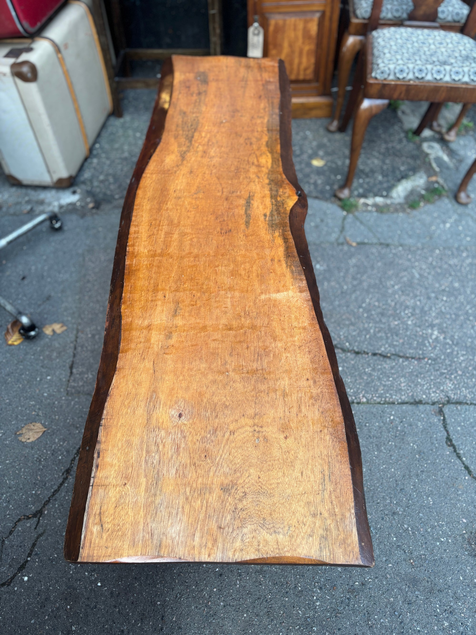 Vintage live edge wooden plank bench