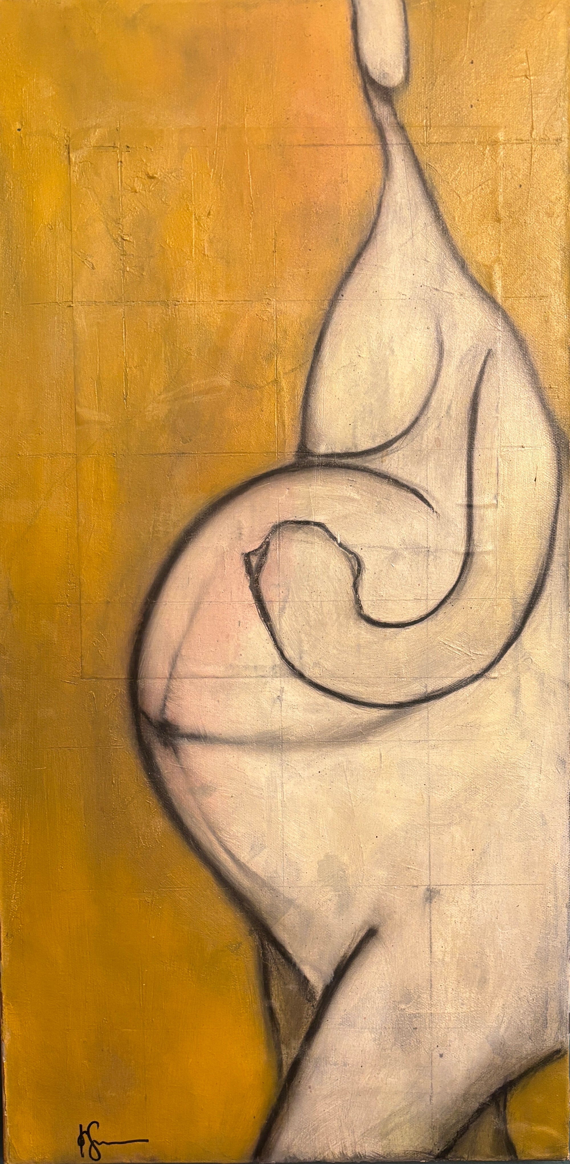 Abstract artwork with a curved line on a gold background by Nick Swanson 