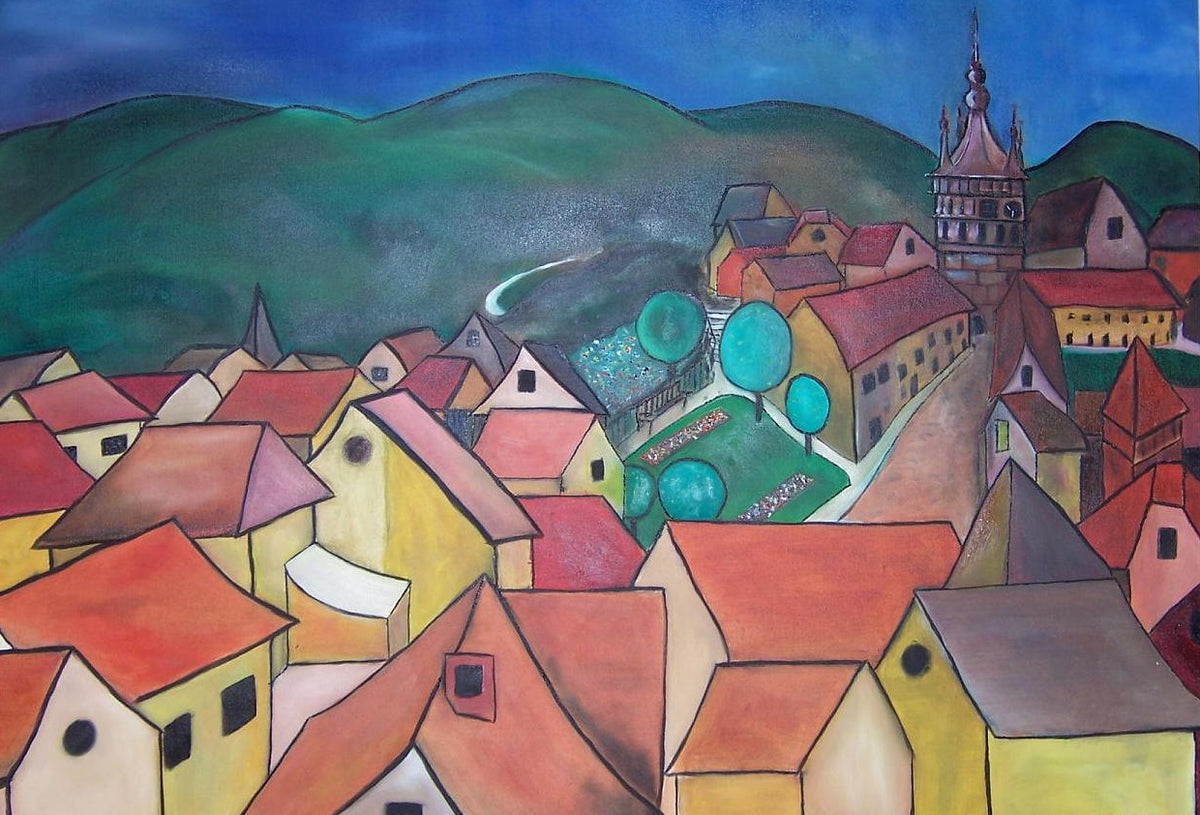 Colorful abstract painting of a town with houses and a clock tower.